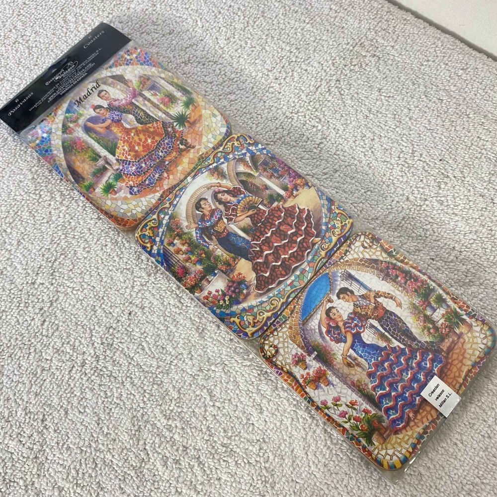 Creaciones Velasco Multicolour Spanish Cork Backed Coasters Set X6 NWT